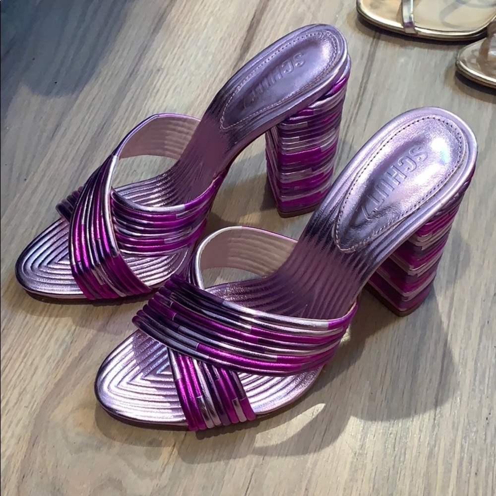 Schutz Metallic Stripe block heel size 8